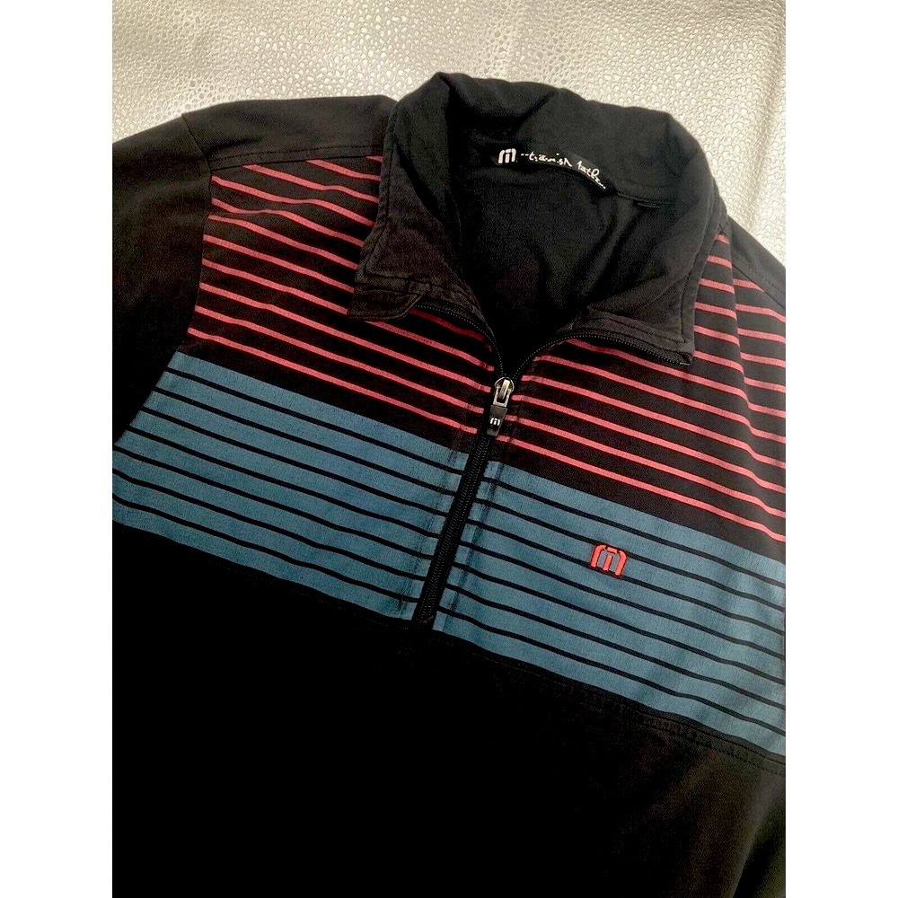 Travis Mathew Sweater Mens Medium Black /Red/Blue 1/4 Zip Golf Pullover Pockets
